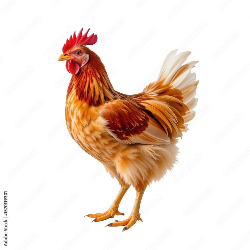 Fototapeta premium Colorful domestic rooster standing proudly with vibrant feathers and striking comb on white background