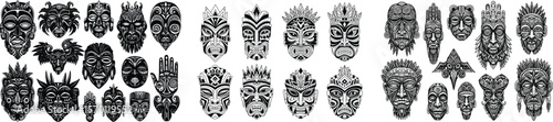 Vector set of tribal masks. Collection of ethnic, aztec, and shamanic face illustrations for tattoo design.
