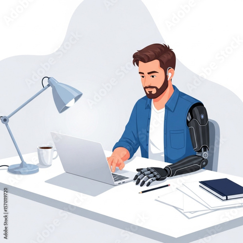  Flat Design Illustration of Man with Headphones and Prosthetic Arm Working on Laptop