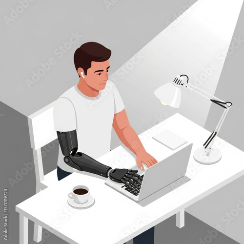  Flat Design Illustration of Man with Headphones and Prosthetic Arm Working on Laptop