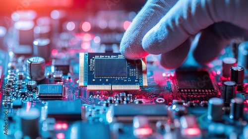 , hands with gloves, soft background blur of high-tech lab, visible microstructure of components and circuit lines, shallow depth of field