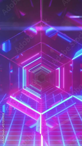 Futuristic neon lit pink and blue hexagonal passageway with blue grid below