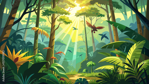 In Daintree Rainforest, golden rays pierce the dense canopy, revealing vibrant tropical birds and giant ferns swaying gently in the moist morning air.