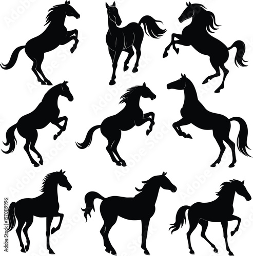 Horse silhouette bundle set vector A collection of 9 black horse silhouettes in various poses, including jumping, standing, sitting, and digital use with white background 