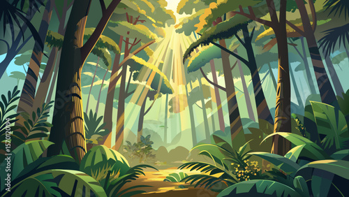 In Daintree Rainforest, golden rays pierce the dense canopy, revealing vibrant tropical birds and giant ferns swaying gently in the moist morning air.
