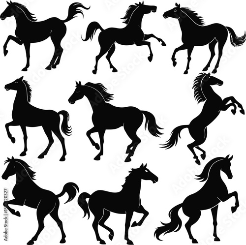 Horse silhouette bundle set vector A collection of 9 black horse silhouettes in various poses, including jumping, standing, sitting, and digital use with white background 