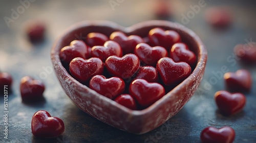 Heart-shaped bowl filled with many small red hearts