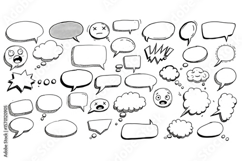 Diverse speech bubbles and thought clouds create a hand-drawn design suitable for communication interfaces or social media content.