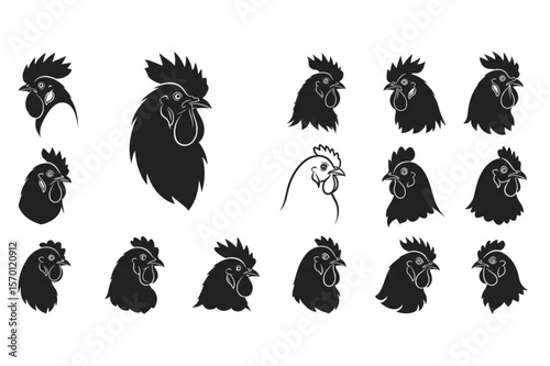 Rooster head collection showing different styles, ideal for creating farm-related logos or adding character to agricultural designs.