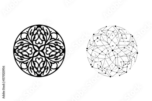 Ornate floral and network patterns create elegant circular graphic elements suitable for design projects and creative applications.