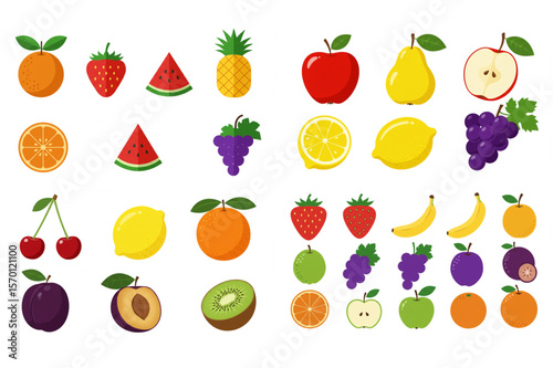 Fresh and vibrant fruit graphic featuring oranges, strawberries, watermelon, pineapple, apple, pear, grapes, lemon, cherry, banana, kiwi, and plum.