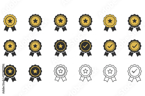 Collection of elegant award ribbon designs featuring stars and checkmarks, perfect for certificates and achievement recognition.