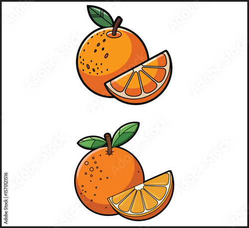 Orange Whole and Wedge Slice Icons Set - Vector Collection of Citrus Fruit Segment Illustrations