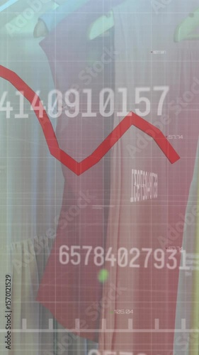 Animation of numbers changing and red line processing over rail of hanging clothes in shop