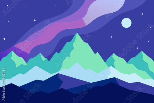 Aurora Borealis Over Snowy Mountain Landscape