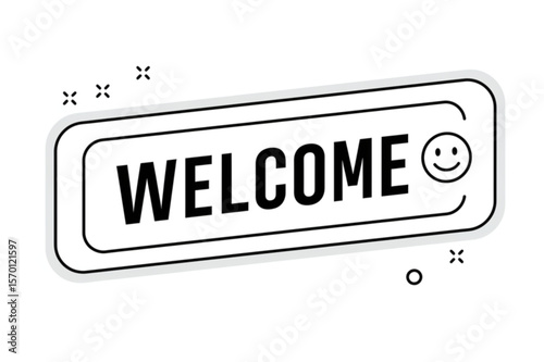 Minimalist welcome graphic suitable for website banners or greetings in a trendy black and white design, featuring a friendly smiley face.