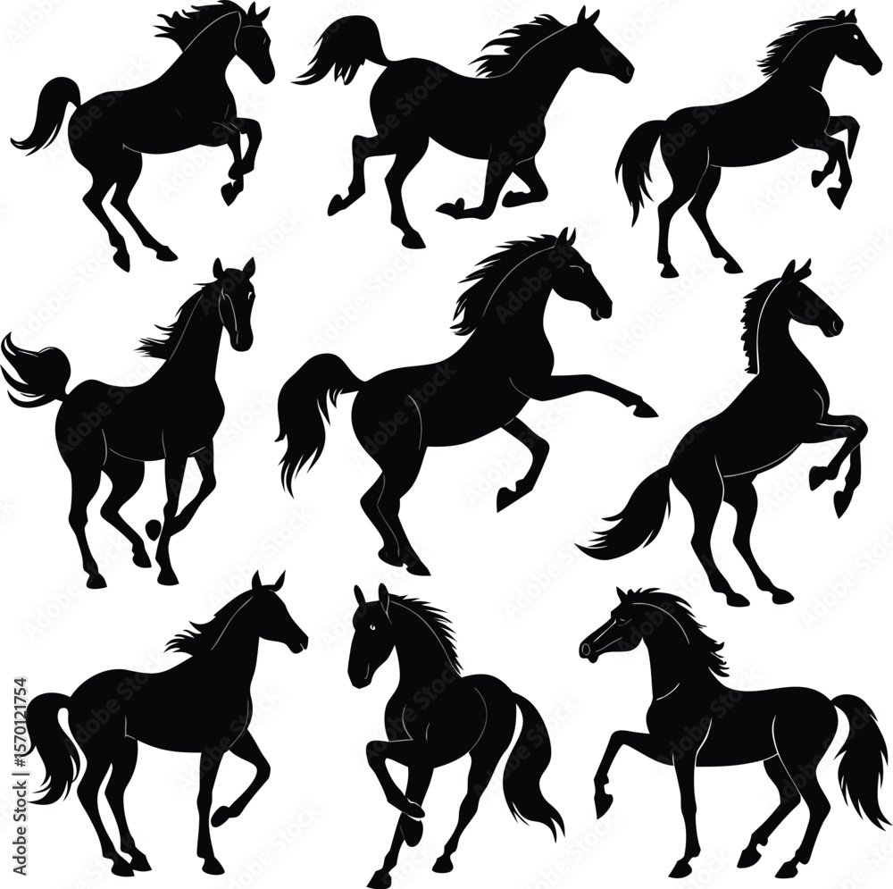 Fototapeta premium Horse silhouette bundle set vector A collection of 9 black horse silhouettes in various poses, including jumping, standing, sitting, and digital use with white background 