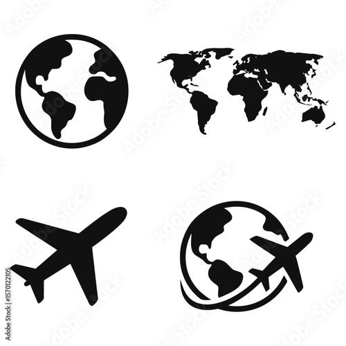 Travel and Global Icon Set - Globe, Map, and Airplane Silhouettes