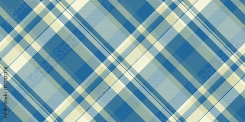 Stylish diagonal plaid pattern in calming blue and cream tones. Perfect for textile design, website backgrounds, or packaging.  Evokes feelings of serenity and sophistication.