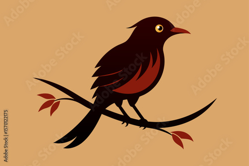 Bird Sitting on a Branch in Brush Ink Style