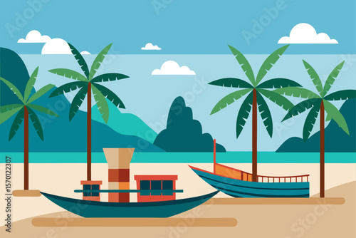 Boats Docked on Thai Beach with Palm Trees