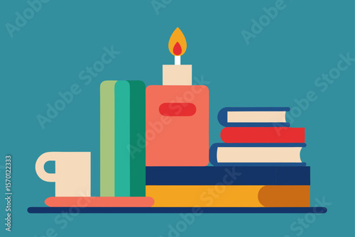 Books and Candle on Shelf Cozy Mood