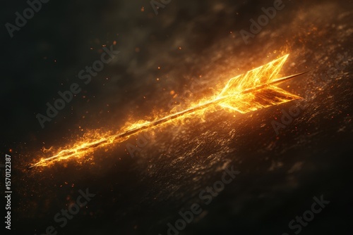 Fiery arrow pierces the darkness, illuminated by flickering flames and embers