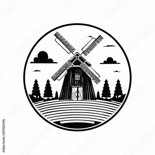 Farm House Barn Windmill Symbol Logo image Vector Illustration on white background.