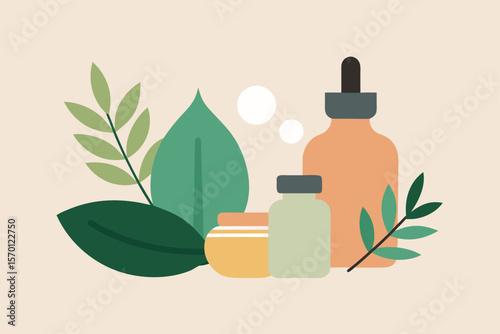 Spa Flatlay with Oils and Natural Leaves