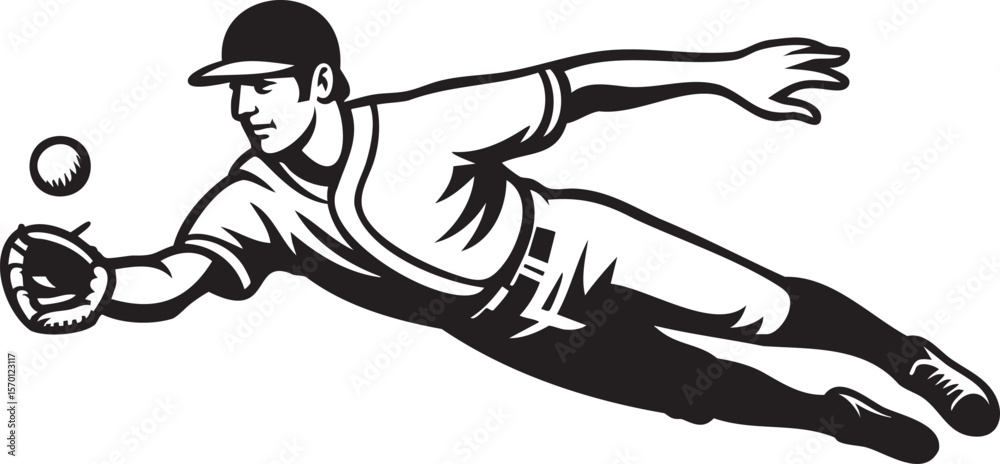 Fototapeta premium Baseball Player Diving Catch Silhouette