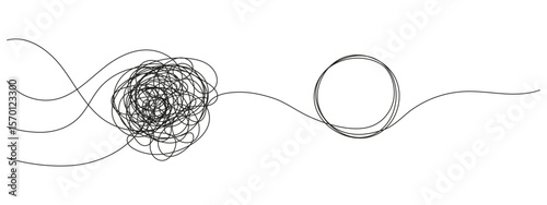 Tangled line and circle knot unraveling. Symbol of mental clarity, emotional healing, and therapy. One line vector for psychology, trauma recovery, or inner balance concepts.