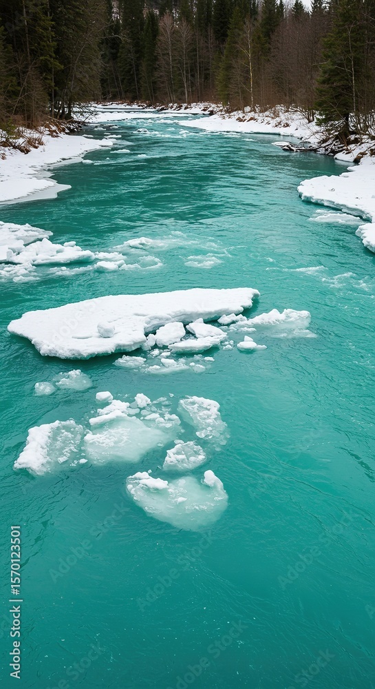 Naklejka premium Turquoise river with ice floes surrounded by trees in a winter landscape.
