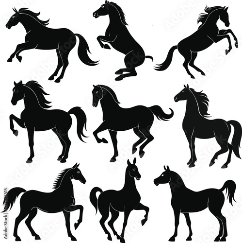 Horse silhouette bundle set vector A collection of 9 black horse silhouettes in various poses, including jumping, standing, sitting, and digital use with white background 