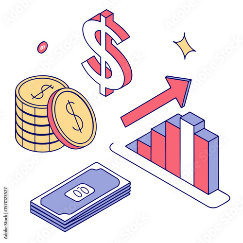 Isometric financial growth illustration with dollar sign coins and upward trend graph for business