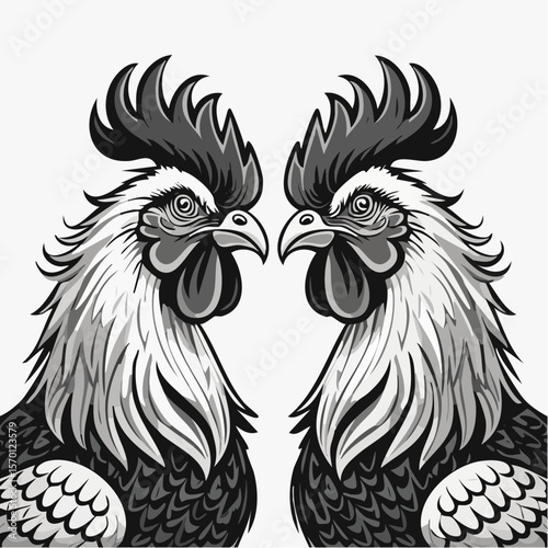 Two Roosters Facing Each Other Ready for a Duel Captured in a Dynamic Vector Illustration