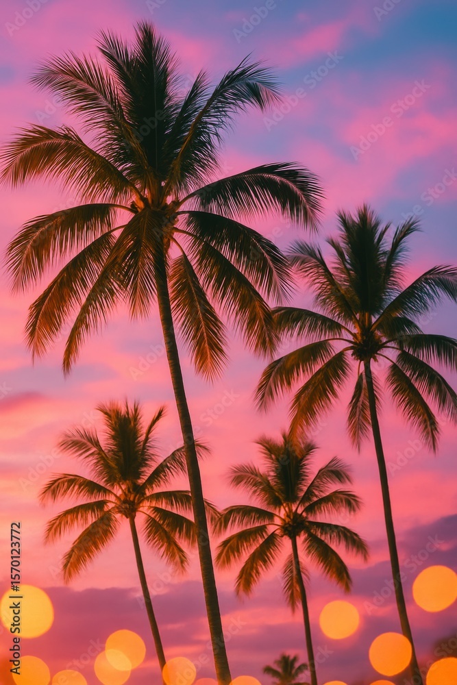 Obraz premium Tropical sunset with silhouetted palm trees against pink and purple sky