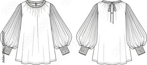 Blouse technical sketch, front and back view, round neckline, pleated front detail, voluminous long sleeves, gathered cuffs, tie-back neck, fashion drawing, garment template