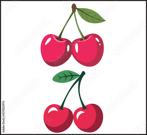 Cherry Fruit Pair Icons Set - Vector Collection of Red Sweet Berry Illustrations