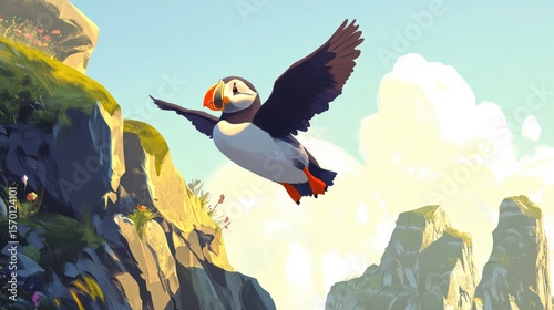 A puffin in flight over a dramatic cliff face.