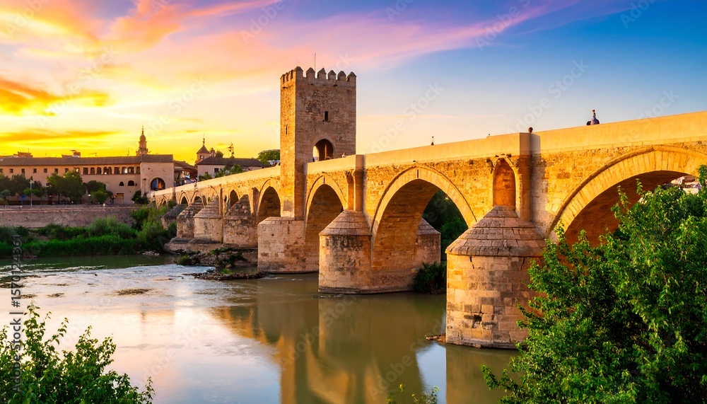 Obraz premium Ancient bridge at sunset over a calm river