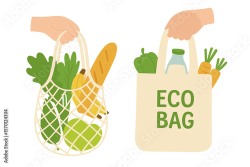 Eco-friendly shoppers carry reusable bags, bringing their own pack for grocery shopping with zero waste products, utilizing plastic-free packs with food in an organic and green ecological setting
