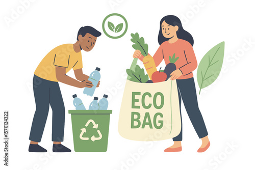 Vector illustration of people sorting plastic waste for recycling and packing organic food into an eco bag, representing eco friendly shopping, sustainable development, and environment care concept