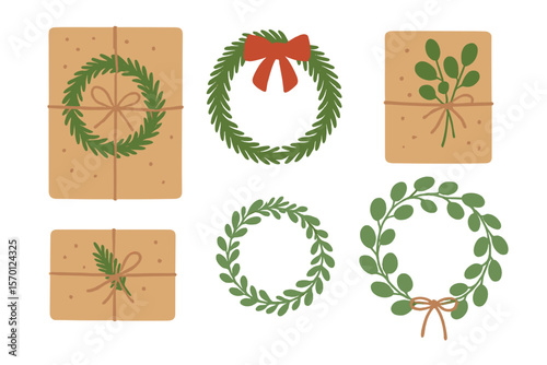 Vector flat cartoon illustration of rustic craft gift boxes, Christmas presents wrapped in kraft paper, wreaths, eucalyptus, and spruce for an eco-friendly decoration, celebrating Xmas and the New