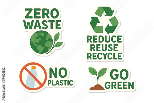Vector illustration of zero waste labels set for environment protection, featuring reduce, reuse, recycle stickers collection and no plastic go green slogan
