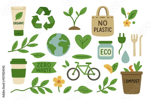 A set of hand-drawn, eco-friendly vector icons representing organic cosmetics, zero waste, earth conservation, and healthy living, including various signs and symbols