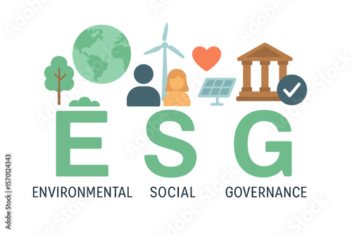 ESG represents environmental, social, and governance concepts, embodying sustainable green ecology and alternative renewable energy, depicted in a flat vector illustration