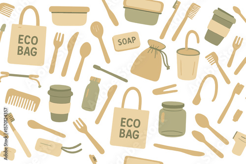 A seamless pattern featuring an assortment of eco-friendly objects, including a shopping bag, container, cup, comb, toothbrush, cutlery, jar, and soap, designed as a versatile texture for use on