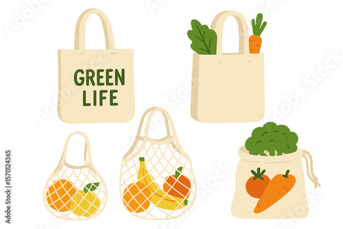 Various eco-friendly cotton bags promote a green lifestyle with zero waste reusable shoppers for fruits and vegetables in canvas bags and nets, available as a vector set