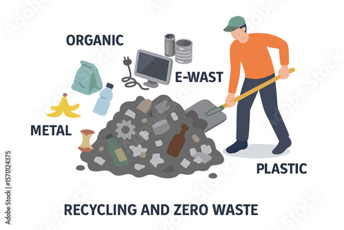 Isometric 3D vector illustration of a character at a large dump with various types of trash, including organic, metal, e-waste, and plastic, shoveling garbage at a junkyard to convey the concept of