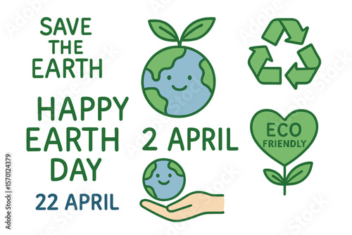 Earth Day concept, 22 April, featuring a vector set of elements, including a globe and recycle symbol, in a simple doodle style, promoting eco-friendly minimal design suitable for web, banners